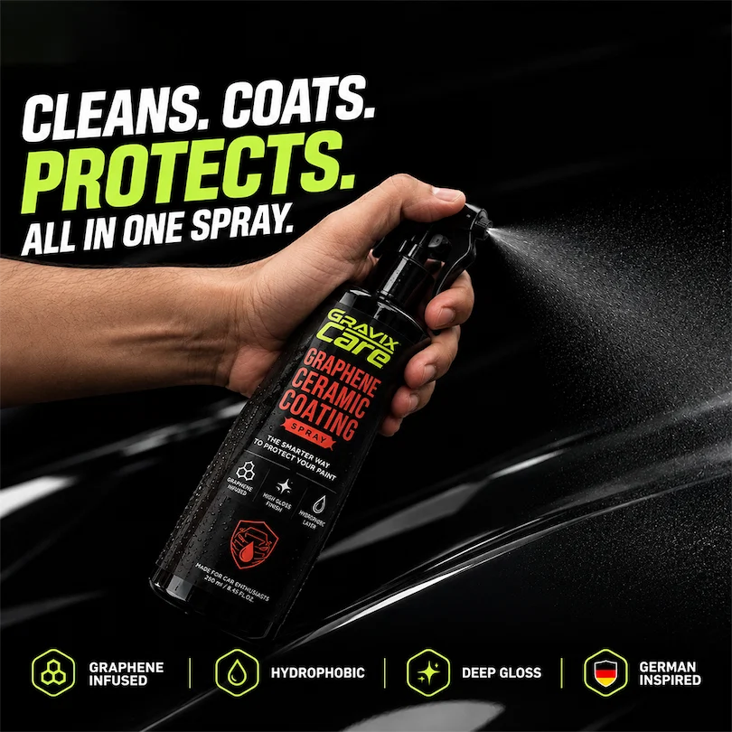 Gravix Care Graphene Ceramic Coating spray applied to black car paint